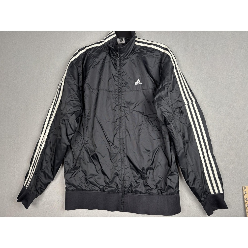 Adidas Track Jacket Mens Medium Black Full Zip 3-Stripes Lined Insulated